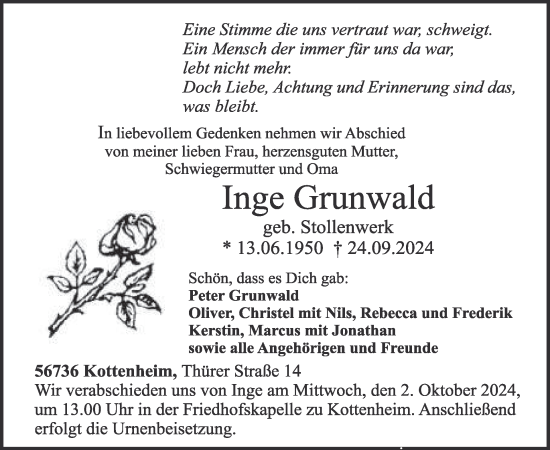 Traueranzeige von Inge Grunwald von WochenSpiegel