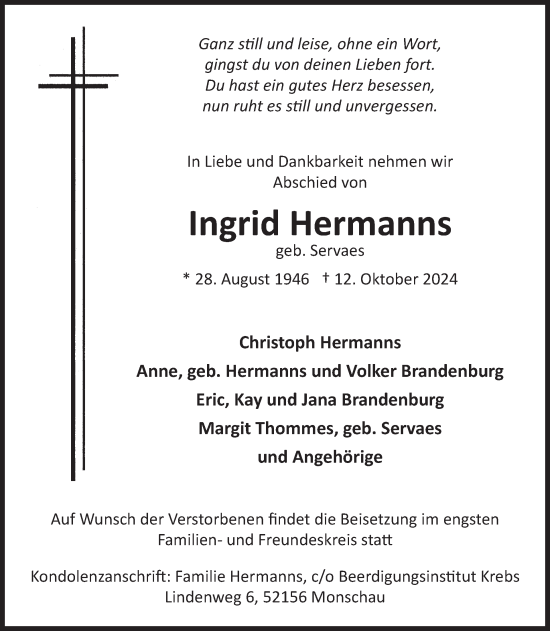 Traueranzeige von Ingrid Hermanns von WochenSpiegel