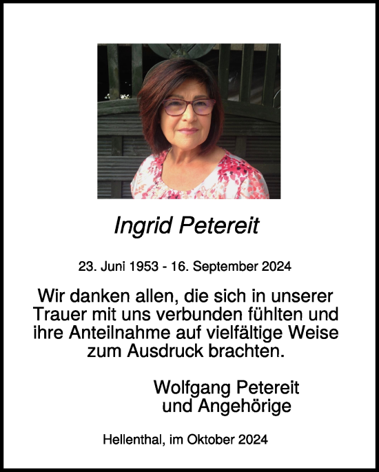 Traueranzeige von Ingrid Petereit von WochenSpiegel