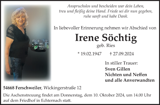 Traueranzeige von Irene Söchtig von WochenSpiegel