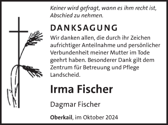 Traueranzeige von Irma Fischer von WochenSpiegel