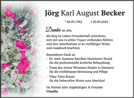 Traueranzeige von Jörg Becker von WochenSpiegel