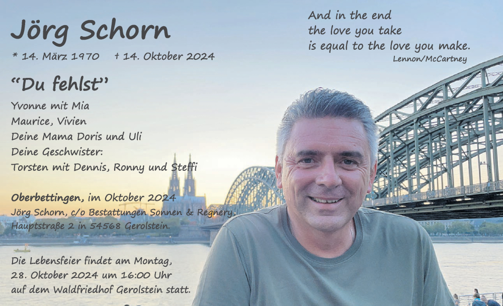  Traueranzeige für Jörg Schorn vom 26.10.2024 aus WochenSpiegel