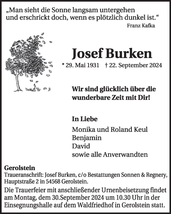 Traueranzeige von Josef Burken von WochenSpiegel