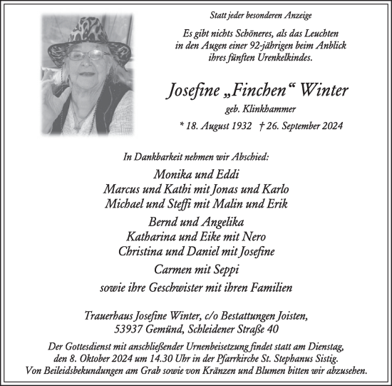 Traueranzeige von Josefine Winter von WochenSpiegel