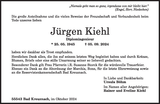 Traueranzeige von Jürgen Kiehl von WochenSpiegel