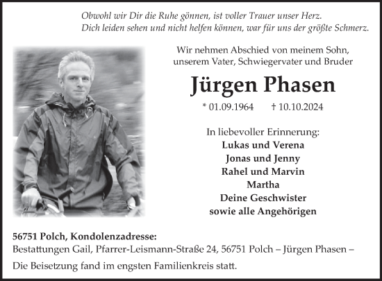 Traueranzeige von Jürgen Phasen von WochenSpiegel