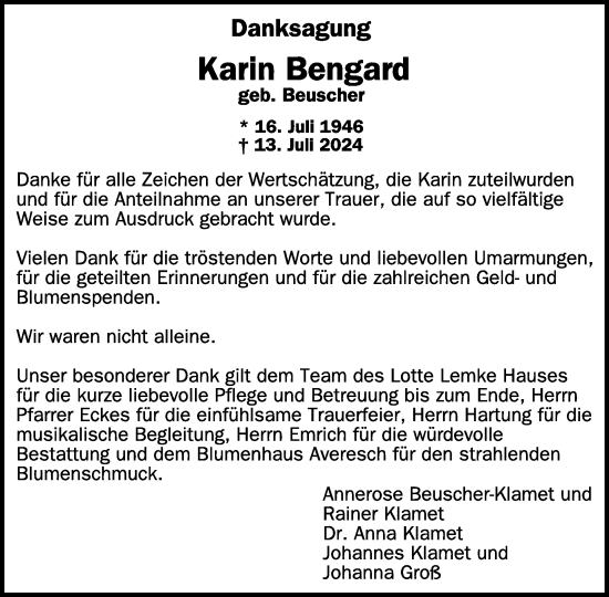 Traueranzeige von Karin Bengard von WochenSpiegel