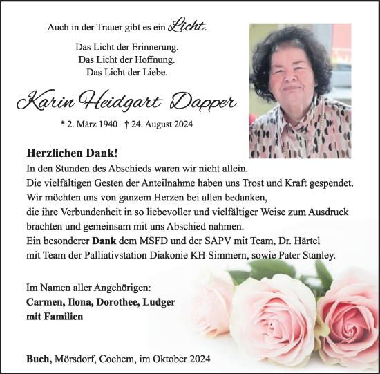 Traueranzeige von Karin Dapper von WochenSpiegel
