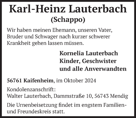 Traueranzeige von Karl-Heinz Lauterbach von WochenSpiegel