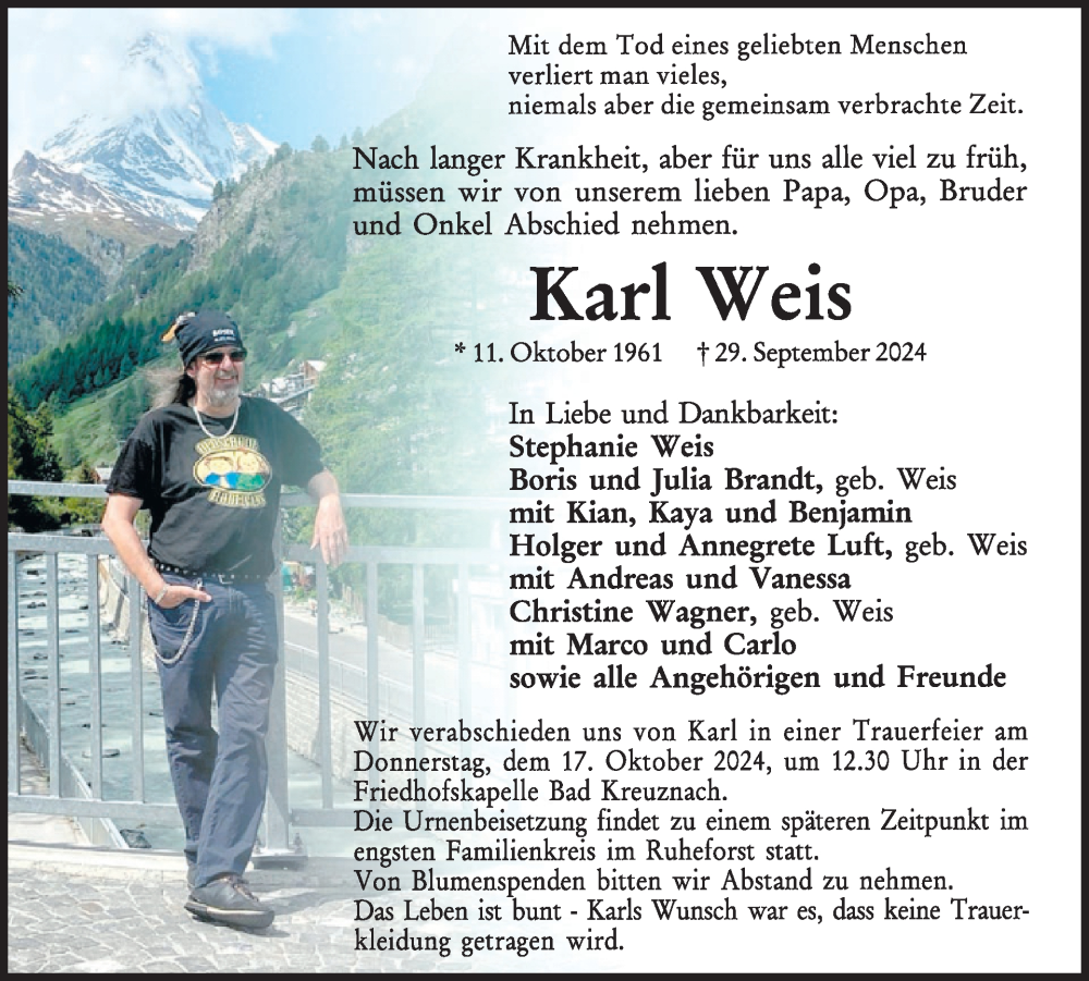  Traueranzeige für Karl Weis vom 12.10.2024 aus WochenSpiegel