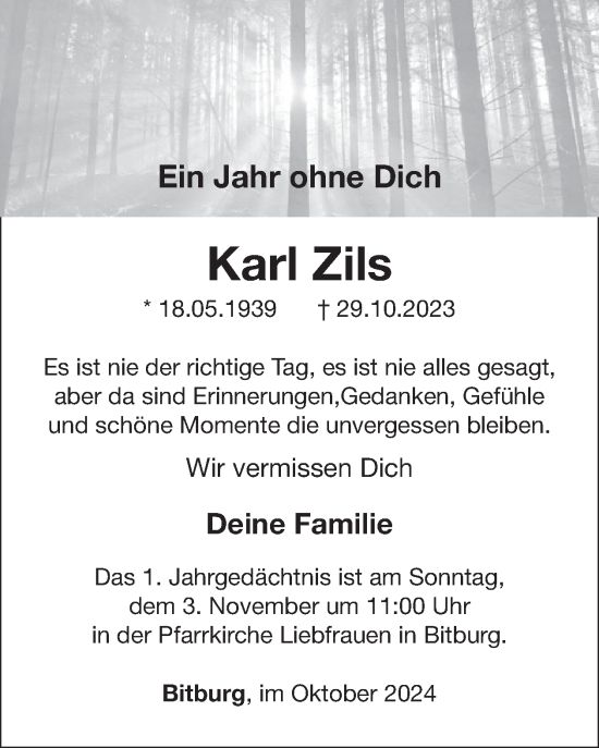 Traueranzeige von Karl Zils von WochenSpiegel