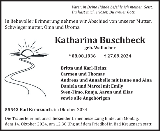 Traueranzeige von Katharina Buschbeck von WochenSpiegel