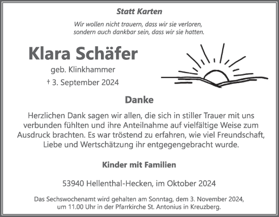 Traueranzeige von Klara Schäfer von WochenSpiegel