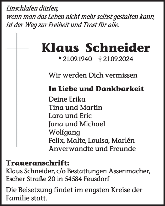 Traueranzeige von Klaus Schneider von WochenSpiegel