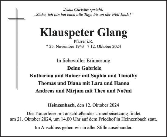 Traueranzeige von Klauspeter Glang von WochenSpiegel