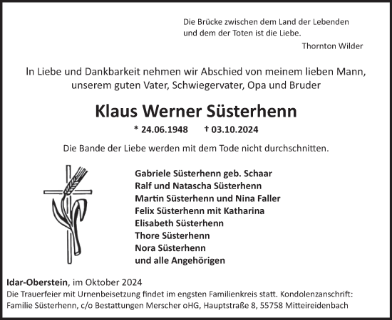 Traueranzeige von Klaus Werner Süsterhenn von WochenSpiegel