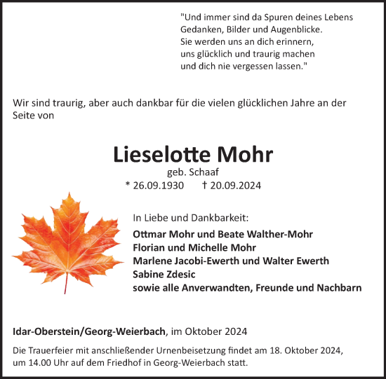 Traueranzeige von Lieselotte Mohr von WochenSpiegel