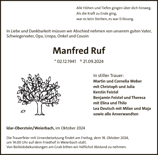 Traueranzeige von Manfred Ruf von WochenSpiegel