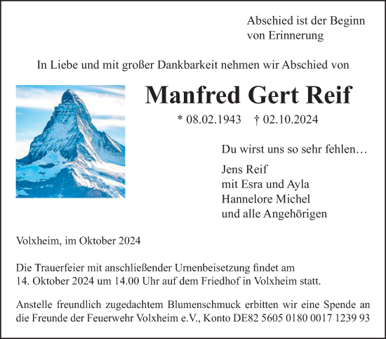 Traueranzeige von Manfred Gert Reif von WochenSpiegel