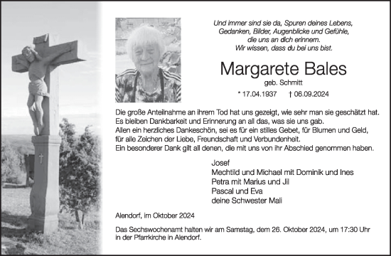 Traueranzeige von Margarete Bales von WochenSpiegel