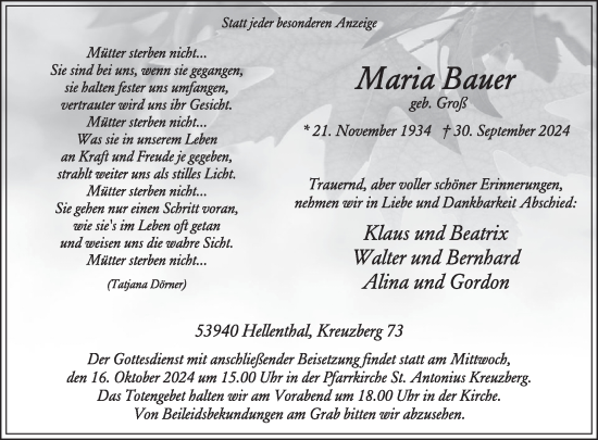 Traueranzeige von Maria Bauer von WochenSpiegel