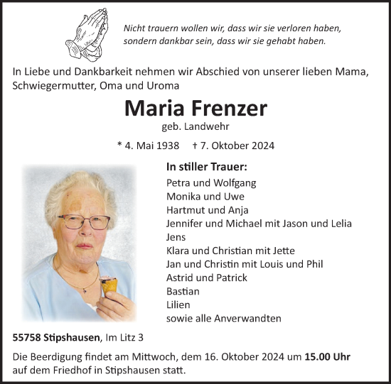 Traueranzeige von Maria Frenzer von WochenSpiegel