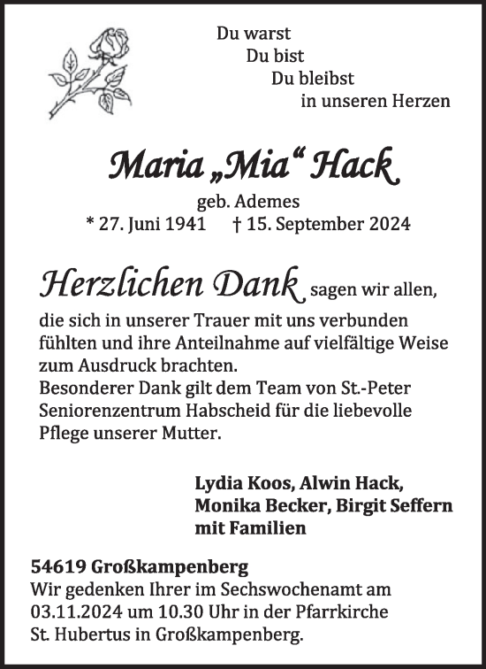 Traueranzeige von Maria Hack von WochenSpiegel