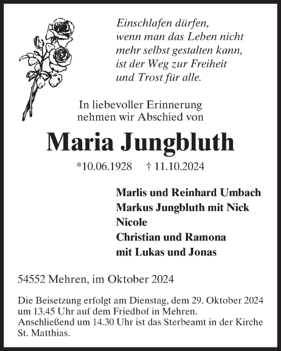 Traueranzeige von Maria Jungbluth von WochenSpiegel