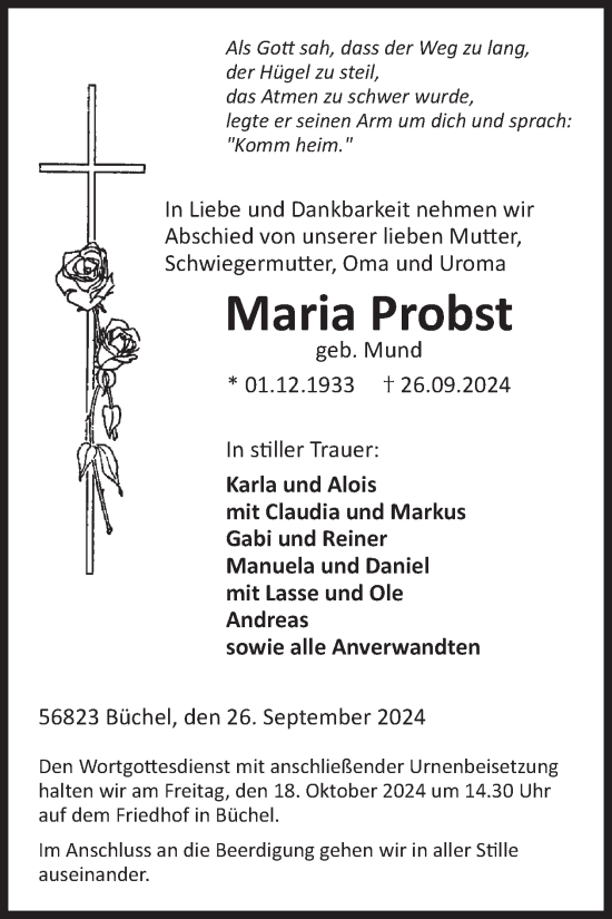 Traueranzeige von Maria Probst von WochenSpiegel