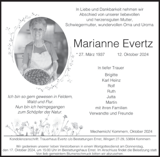 Traueranzeige von Marianne Evertz von WochenSpiegel