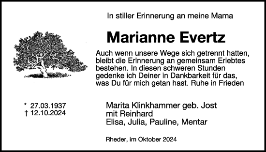 Traueranzeige von Marianne Evertz von WochenSpiegel