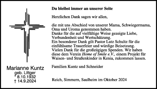 Traueranzeige von Marianne Kuntz von WochenSpiegel