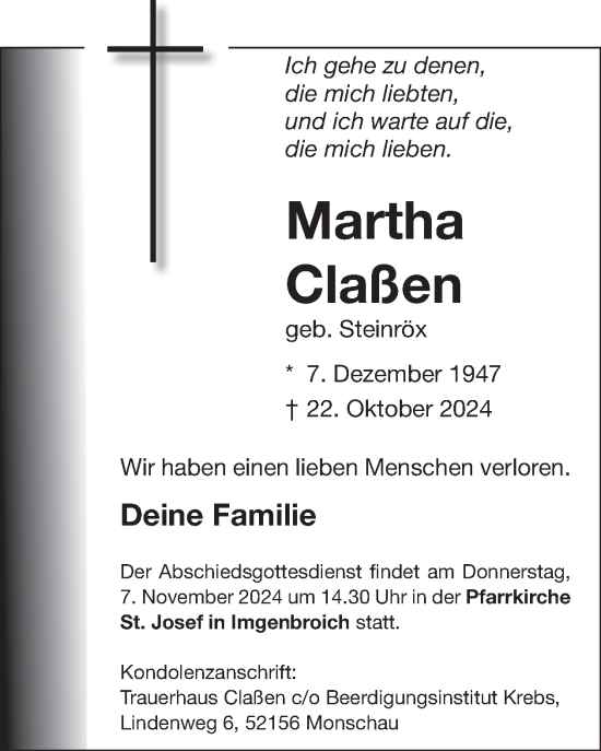 Traueranzeige von Martha Claßen von WochenSpiegel