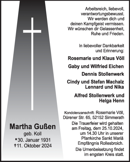 Traueranzeige von Martha Gußen von WochenSpiegel