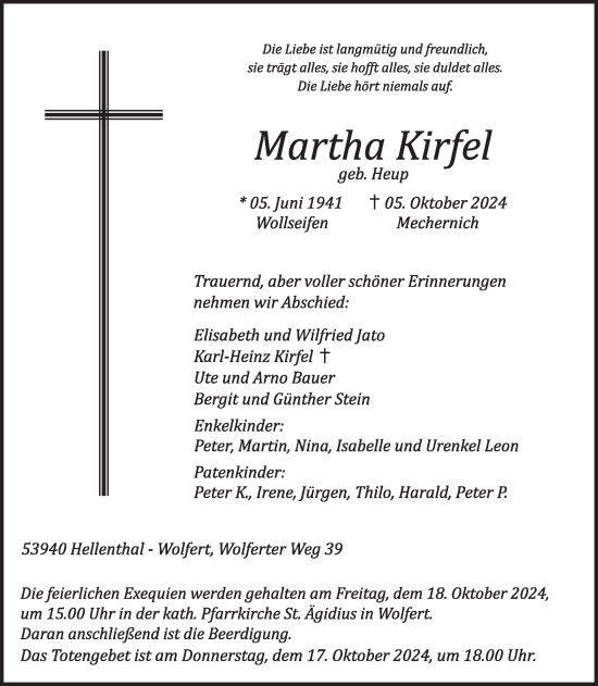 Traueranzeige von Martha Kirfel von WochenSpiegel