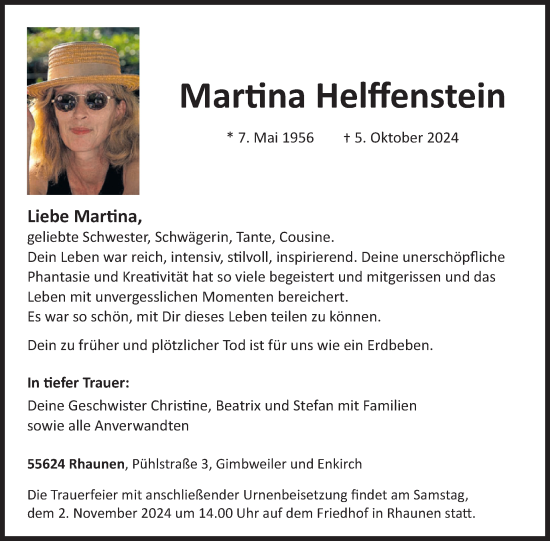 Traueranzeige von Martina Helffenstein von WochenSpiegel