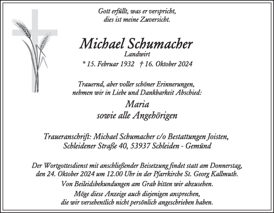 Traueranzeige von Michael Schumacher von WochenSpiegel