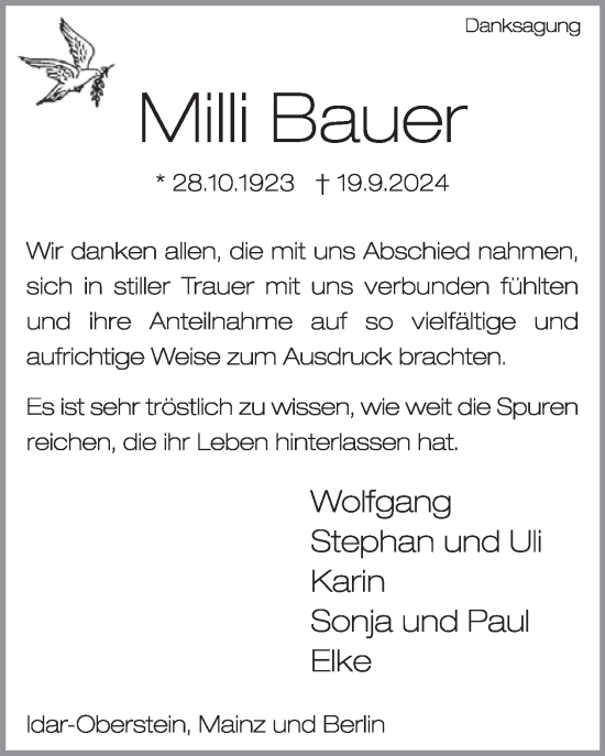 Traueranzeige von Milli Bauer von WochenSpiegel