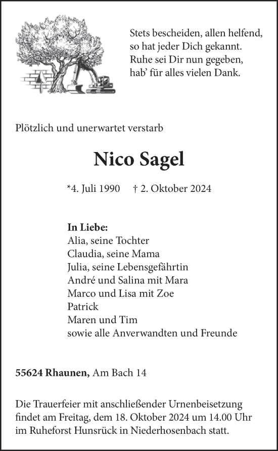 Traueranzeige von Nico Sagel von WochenSpiegel