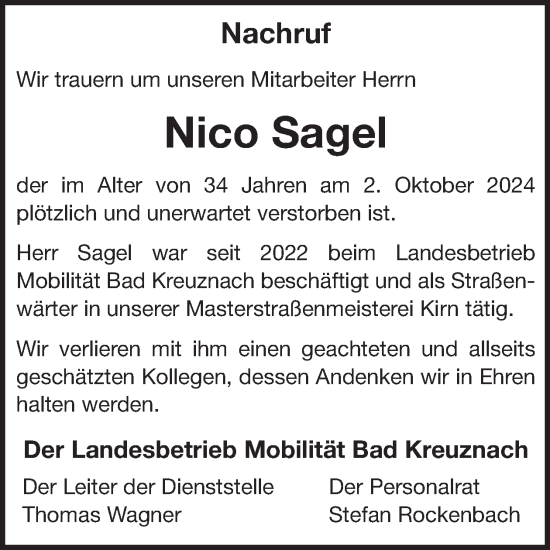 Traueranzeige von Nico Sagel von WochenSpiegel