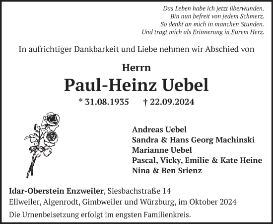 Traueranzeige von Paul-Heinz Uebel von WochenSpiegel