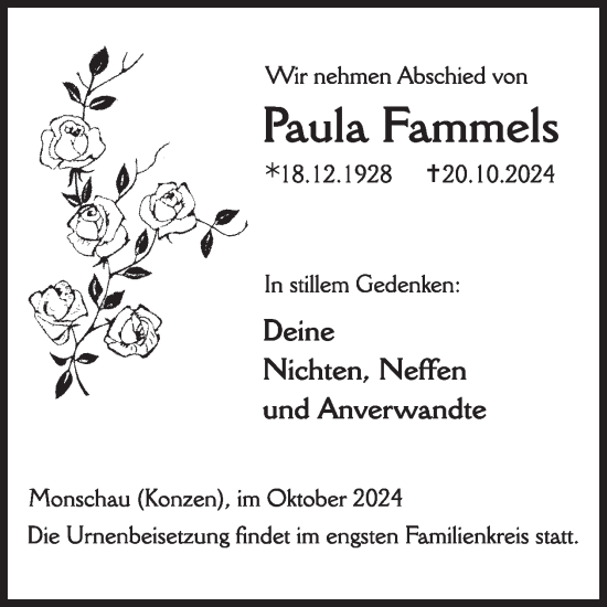 Traueranzeige von Paula Fammels von WochenSpiegel