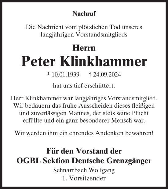 Traueranzeige von Peter Klinkhammer von WochenSpiegel