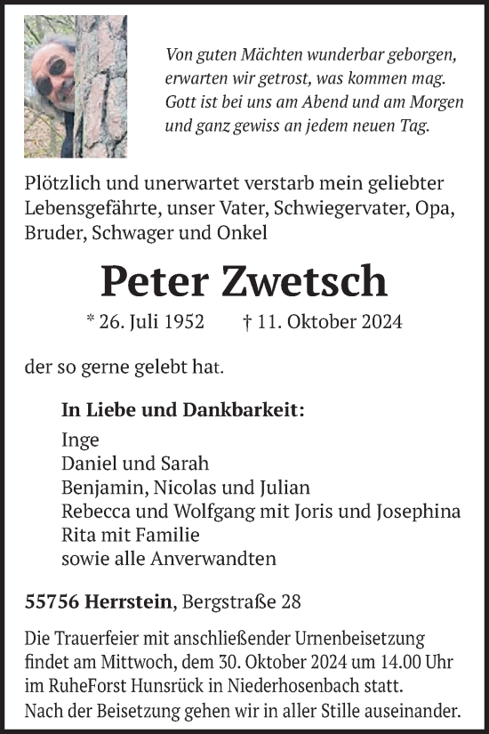 Traueranzeige von Peter Zwetsch von WochenSpiegel
