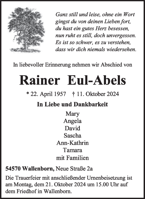 Traueranzeige von Rainer Eul-Abels von WochenSpiegel