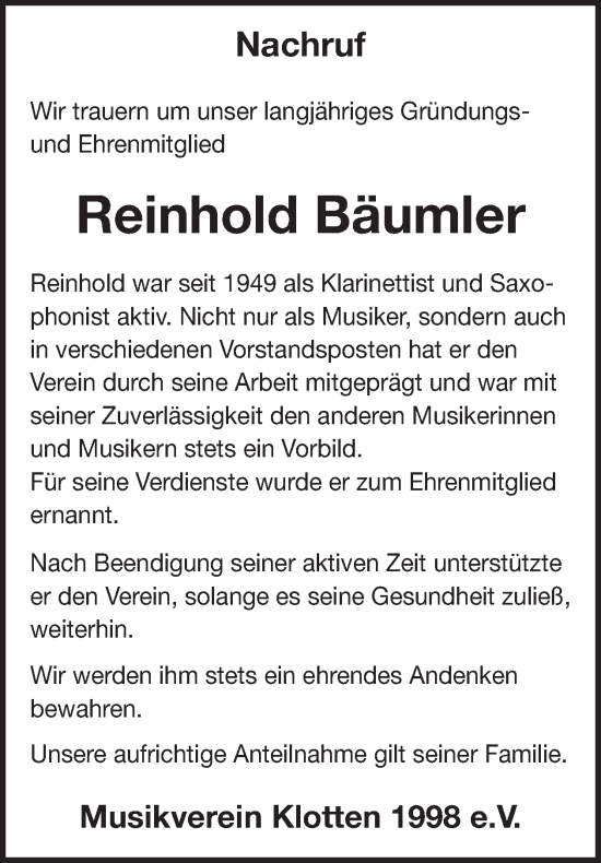 Traueranzeige von Reinhold Bäumler von WochenSpiegel