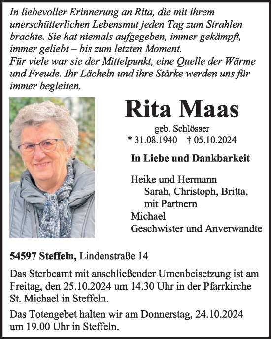 Traueranzeige von Rita Maas von WochenSpiegel