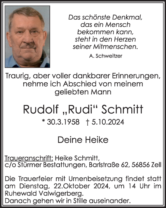 Traueranzeige von Rudolf Schmitt von WochenSpiegel