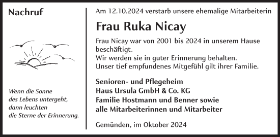 Traueranzeige von Ruka Nicay von WochenSpiegel